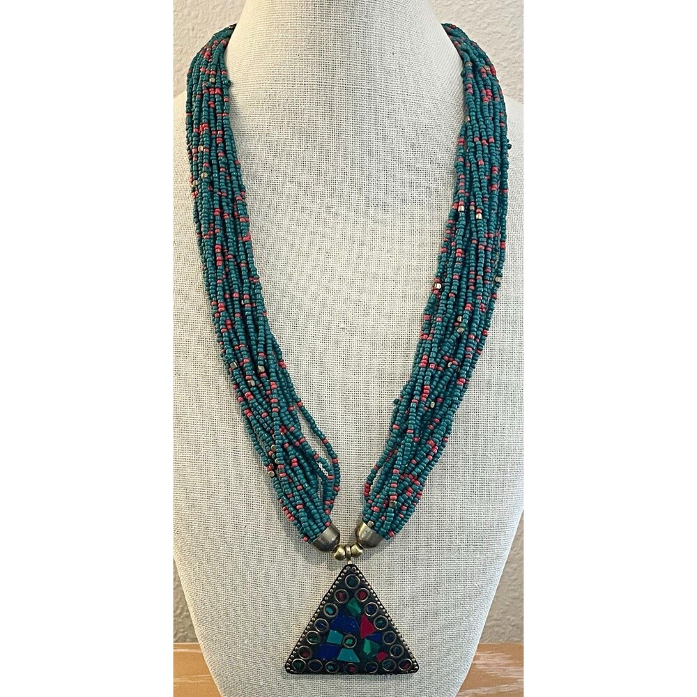 Blue Red Seed Bead Multi-Strand Triangle Mosaic Bronze Tone Necklace